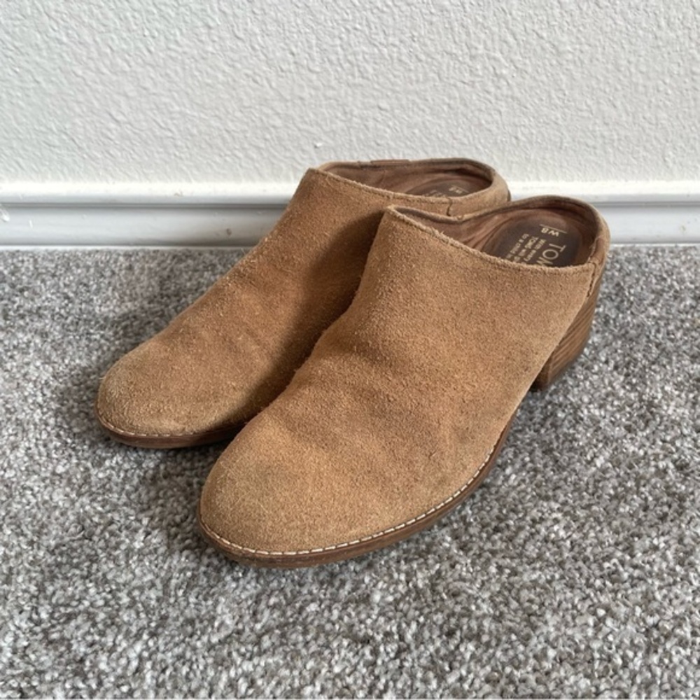Toms Mules Womens Size 8 Leila Brown Toffee Suede Heeled Slip On Shoes Round Toe